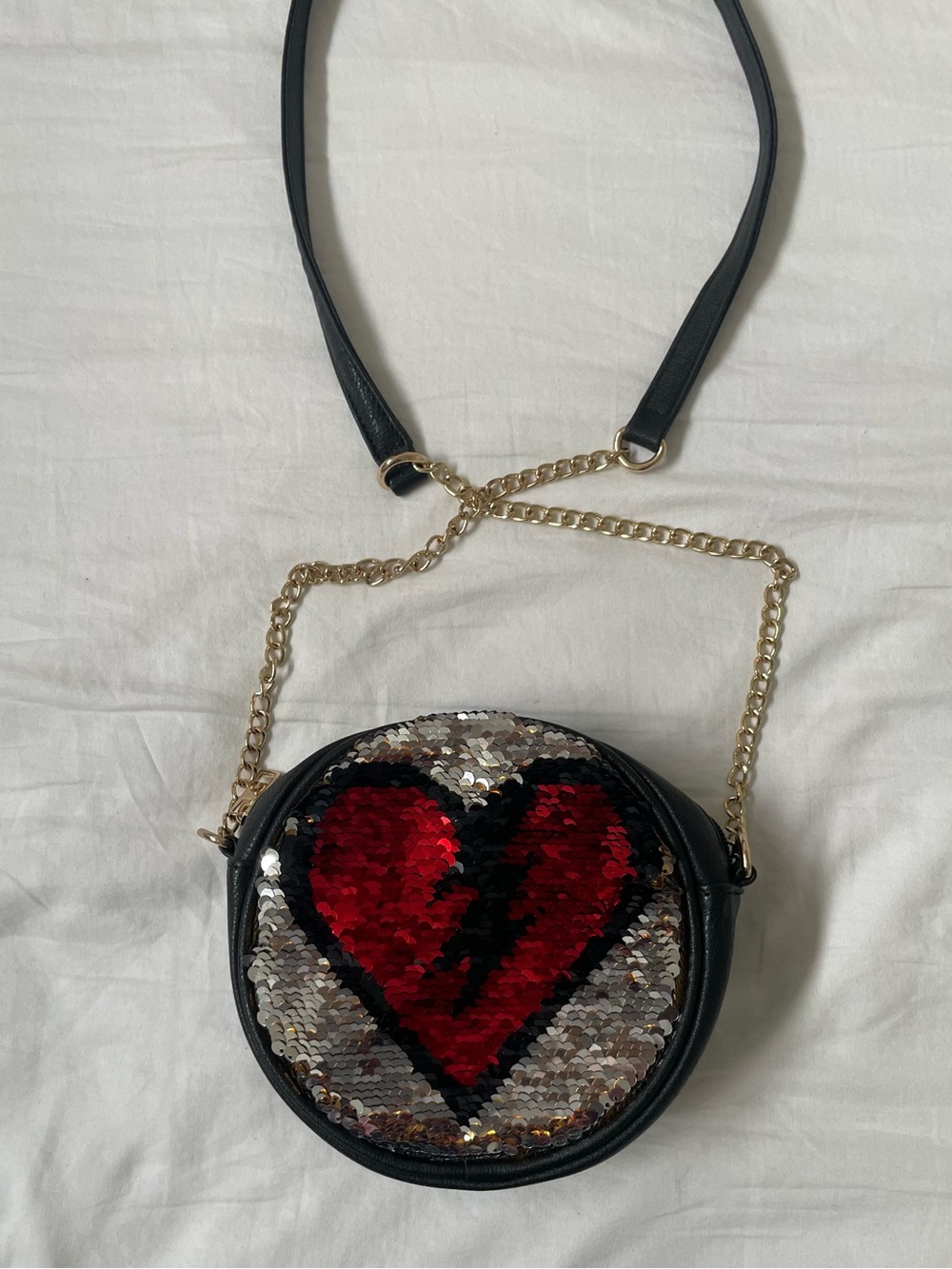 Sequin Black Crossbody Bag with Red Heart Accent